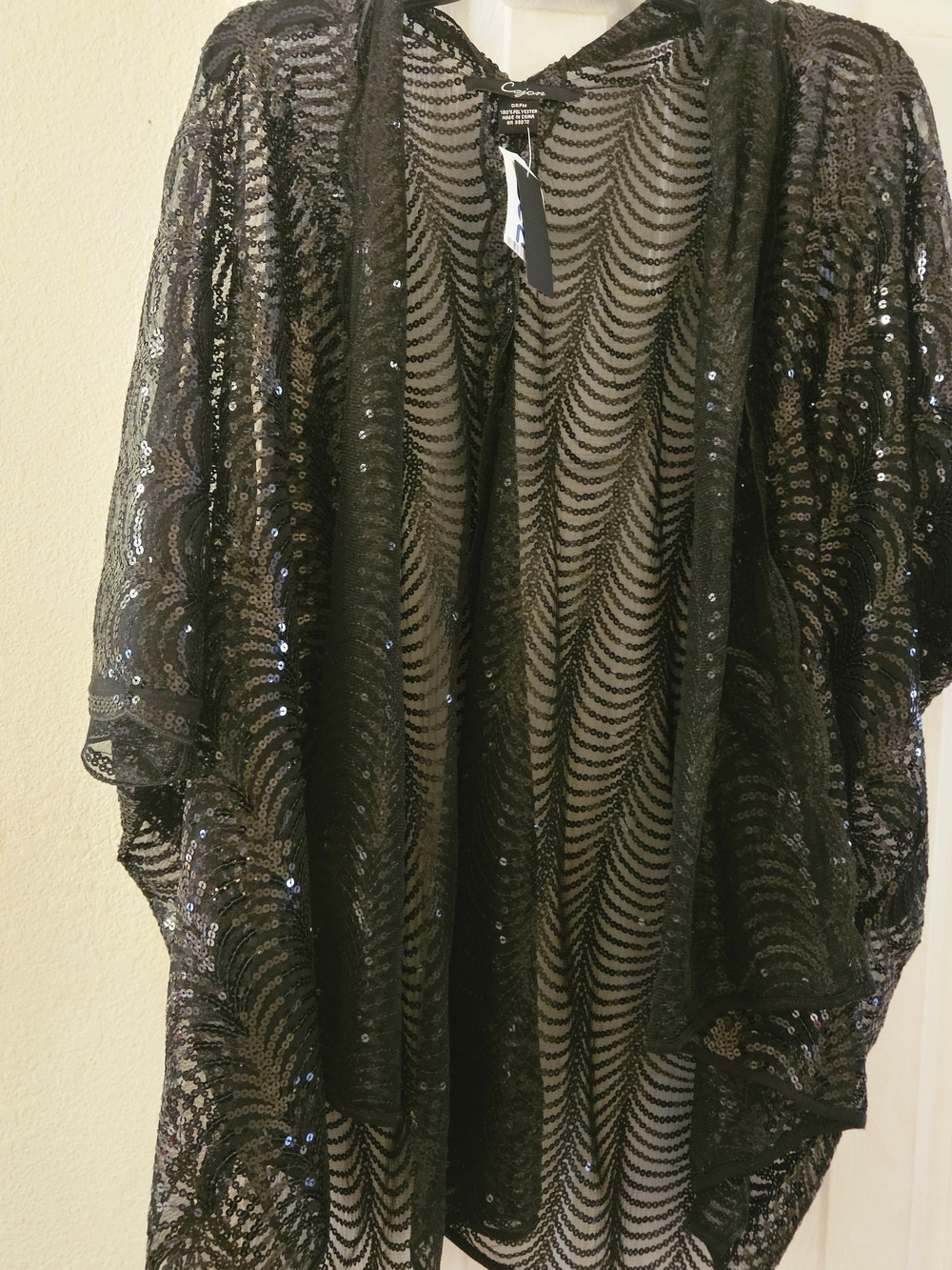 NWT Cejon Event Black Glam Formal Sequin Mesh Kimono Cape Wrap Cardigan Oversize - Picture 4 of 11